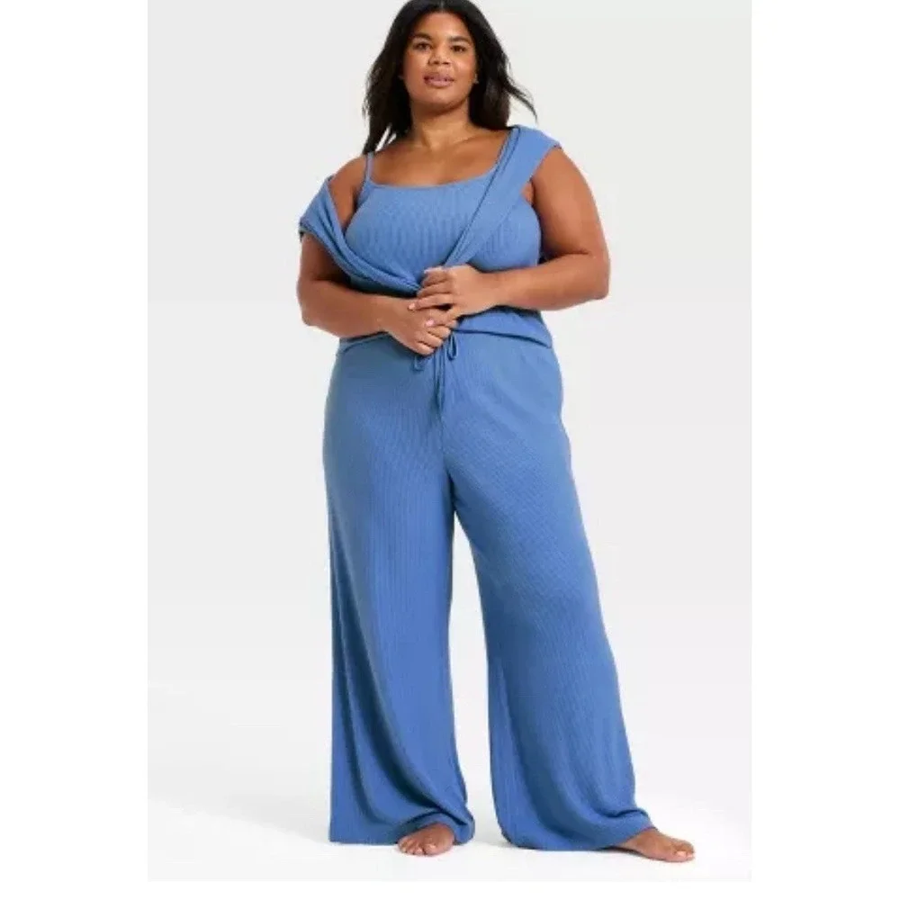 auden cozy ribbed blue pajama set tank & drawstring wide leg pants Sz Xxl